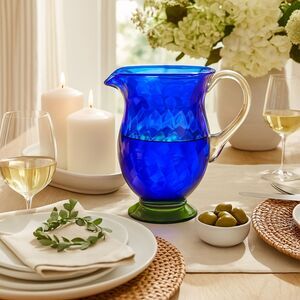 Nason Moretti Cobalt Blue Glass Pitcher with Gold Accents Murano Jug Carafe